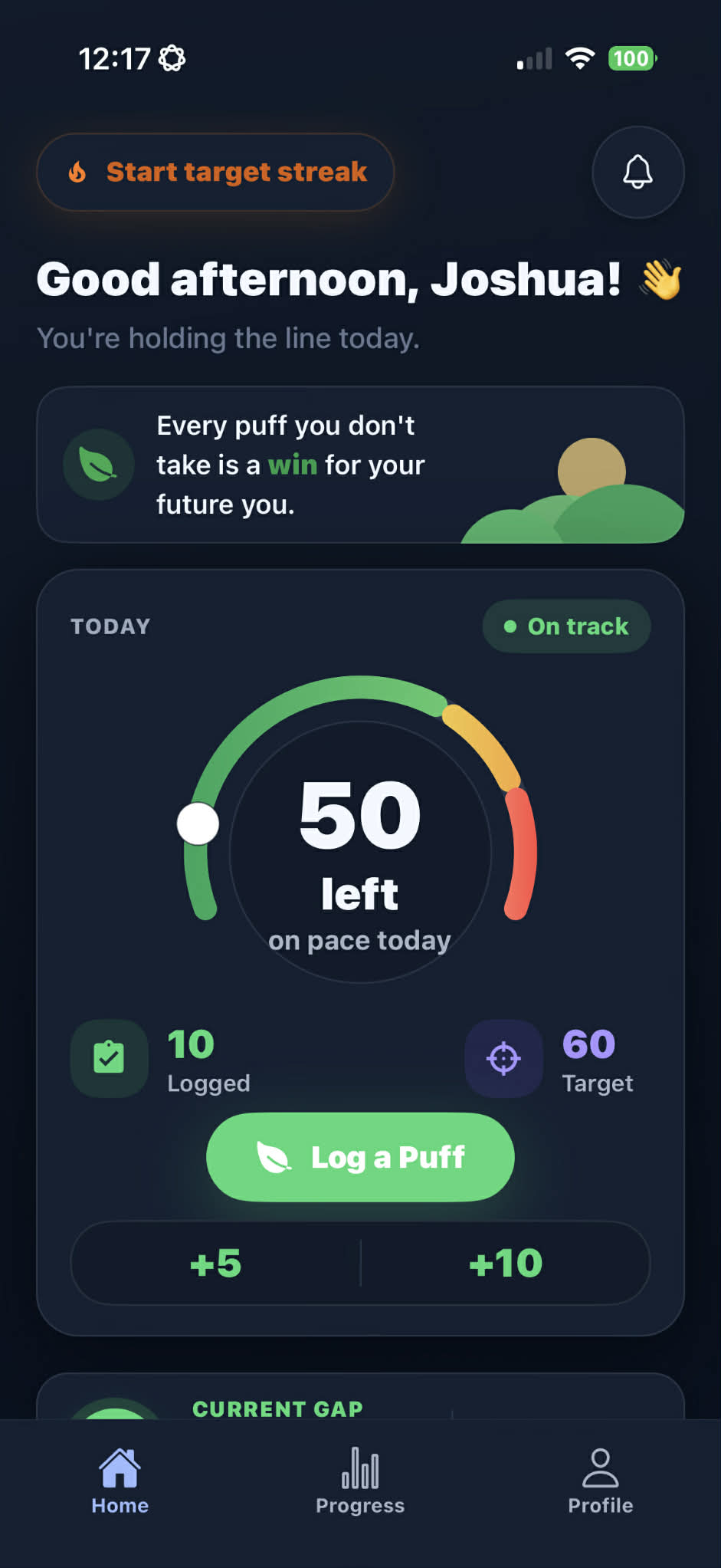 ClearAir dark mode Home screen with today's target and Log a Puff controls.